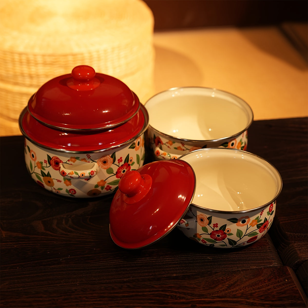 Enamelware Cookware Set of 3 with Lids for Induction Stovetops Floral Design for Home Camping