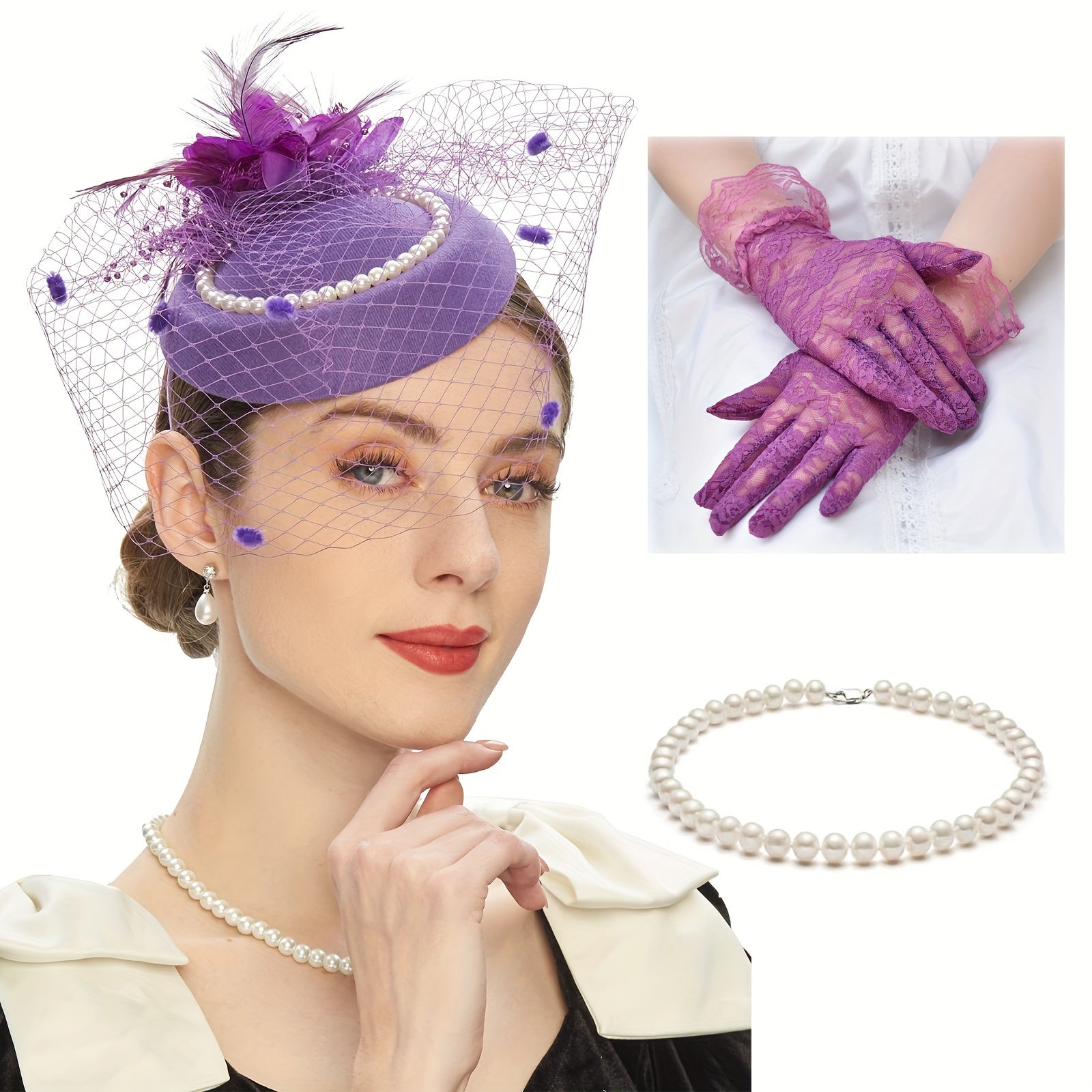 Women's Fascinator Hat Set with Veil Feather and Pearl Necklace