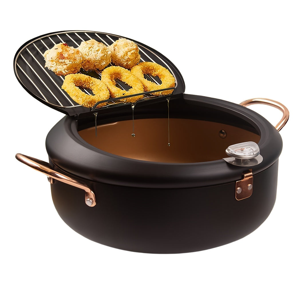 Olla de freidora profunda antiadherente negra con termómetro y calentamiento rápido