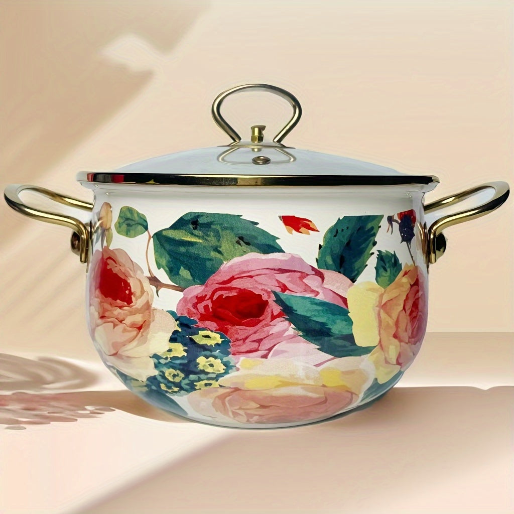 Floral Enamel Soup Pot with Lid and Sturdy Handle Kitchen Cookware