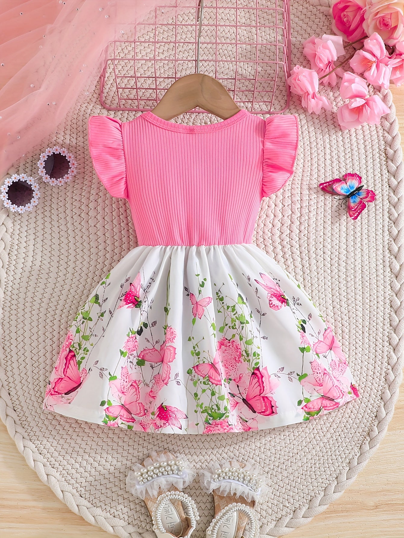 Girls Floral Ruffle Sleeve Dress Polyester Knit Casual Spring Summer Ages 12 and Under
