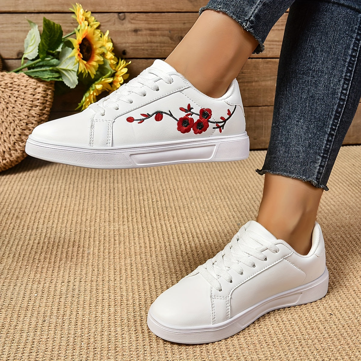 Zapatillas femeninas con bordado floral, ligeras, para todas las estaciones, de caña baja