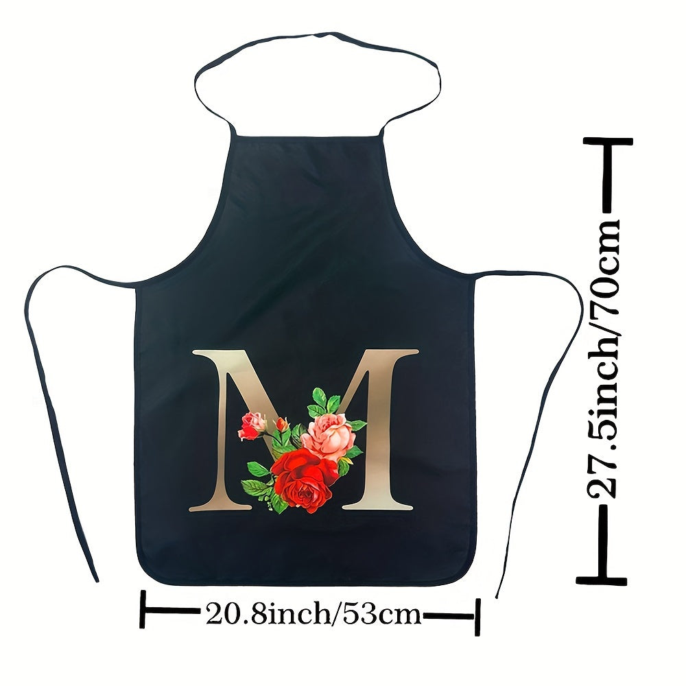 Women's Floral Polyester Kitchen Apron with Letter Print and Monogram