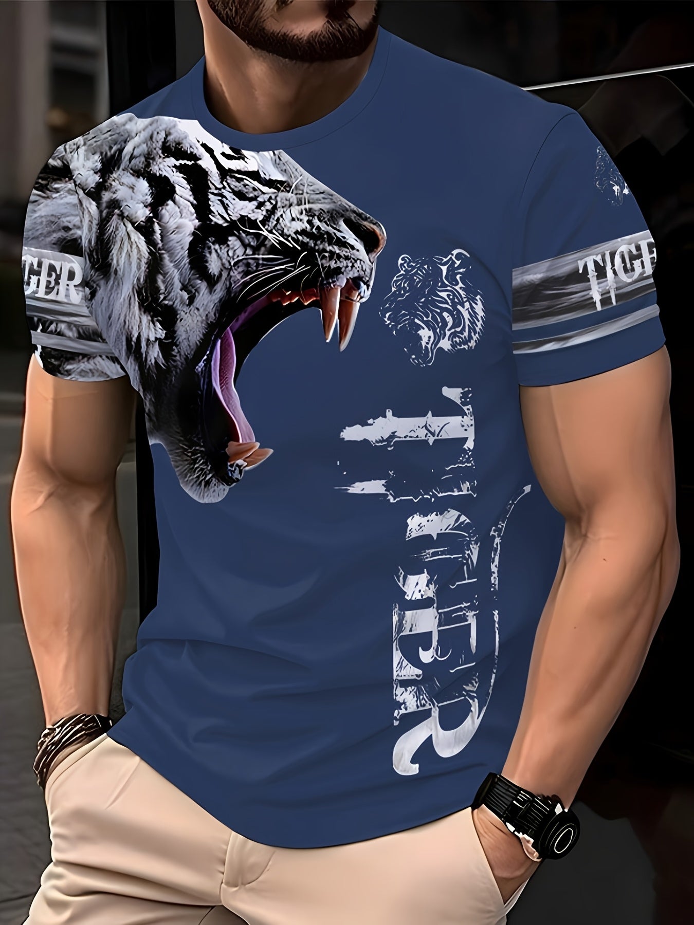 Men's Polyester Casual Animal Print Crew Neck T-Shirt