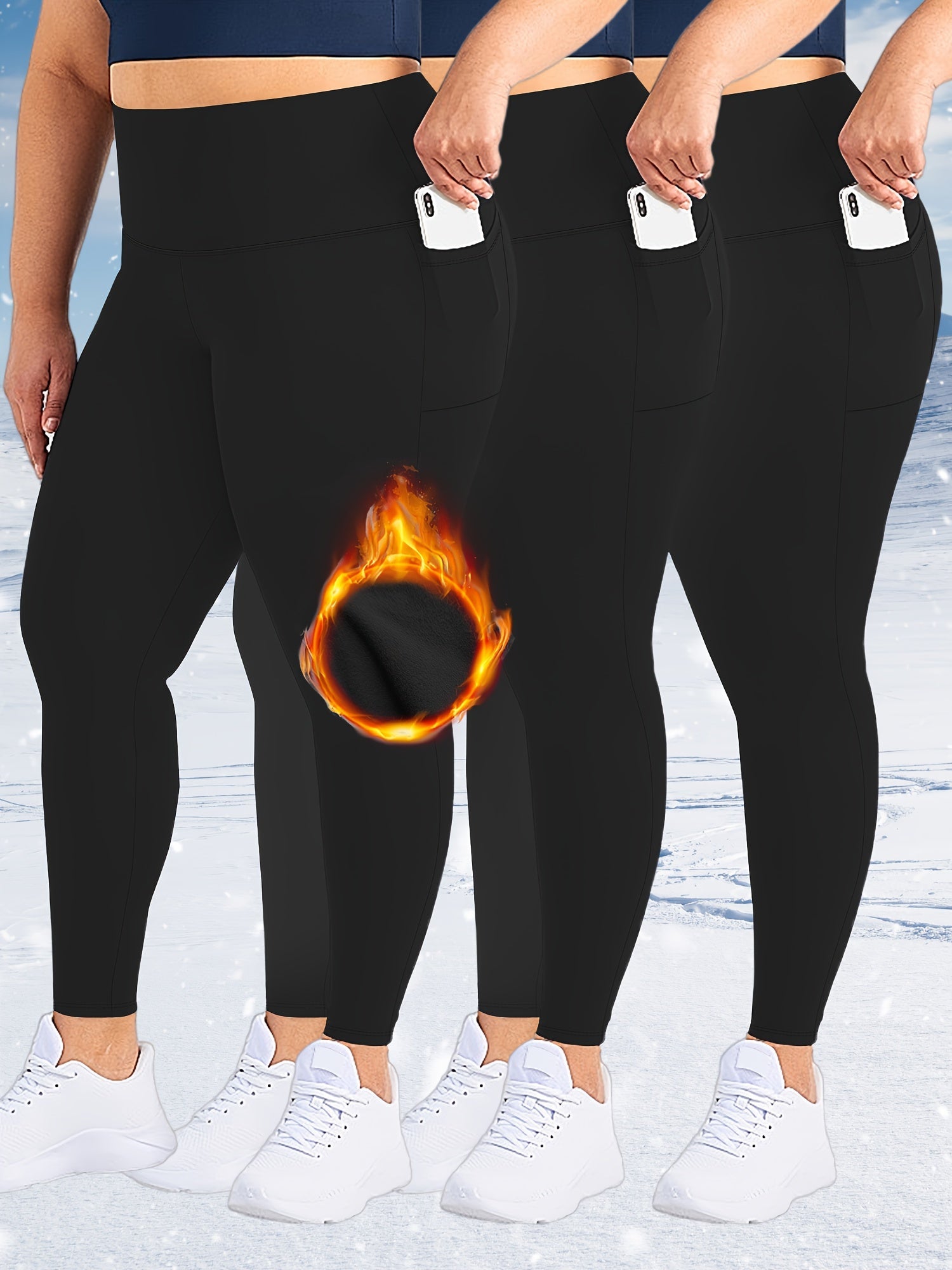 Women's Fleece-Lined High-Waist Leggings with Pockets Black Cold Weather