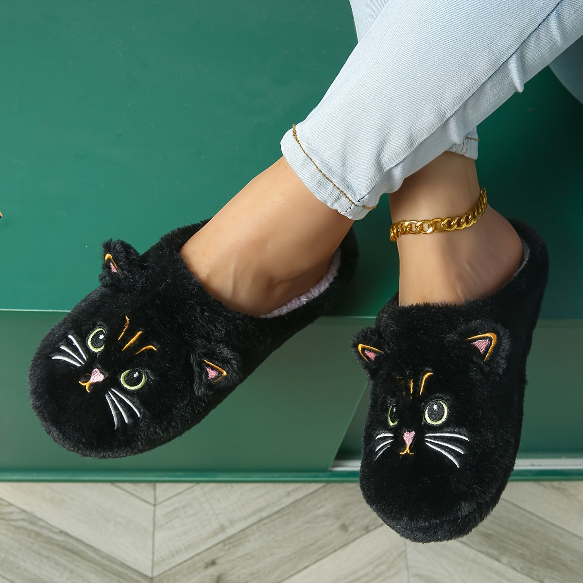 Zapatillas negras de mujer con gato para interior, antideslizantes, de tela, cálidas, para casa