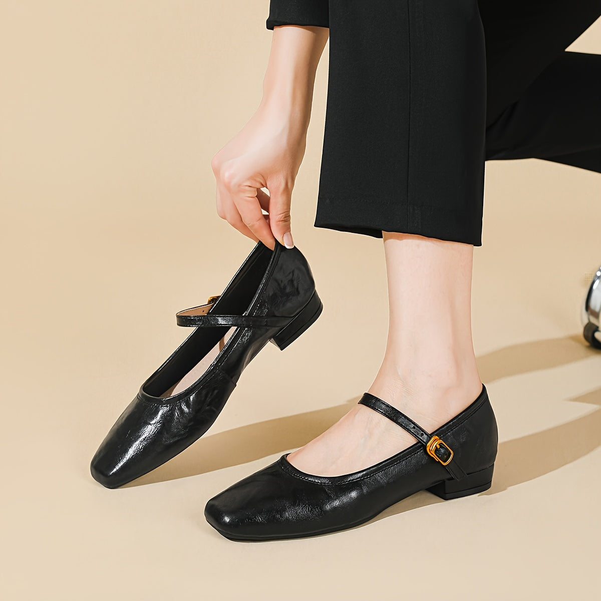 Women Black Faux Cover Mary Jane Flats with Low Heel and Ankle Strap