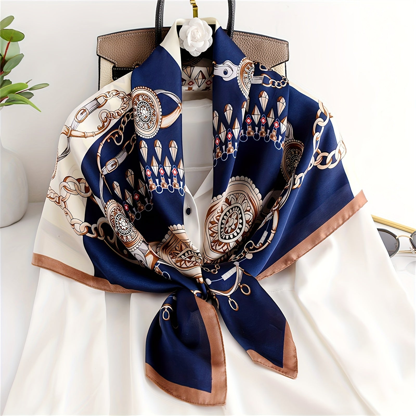 89.99cm Satin Square Scarf with Multicolor Prints Summer Sunscreen Shawl Windproof Head Wrap