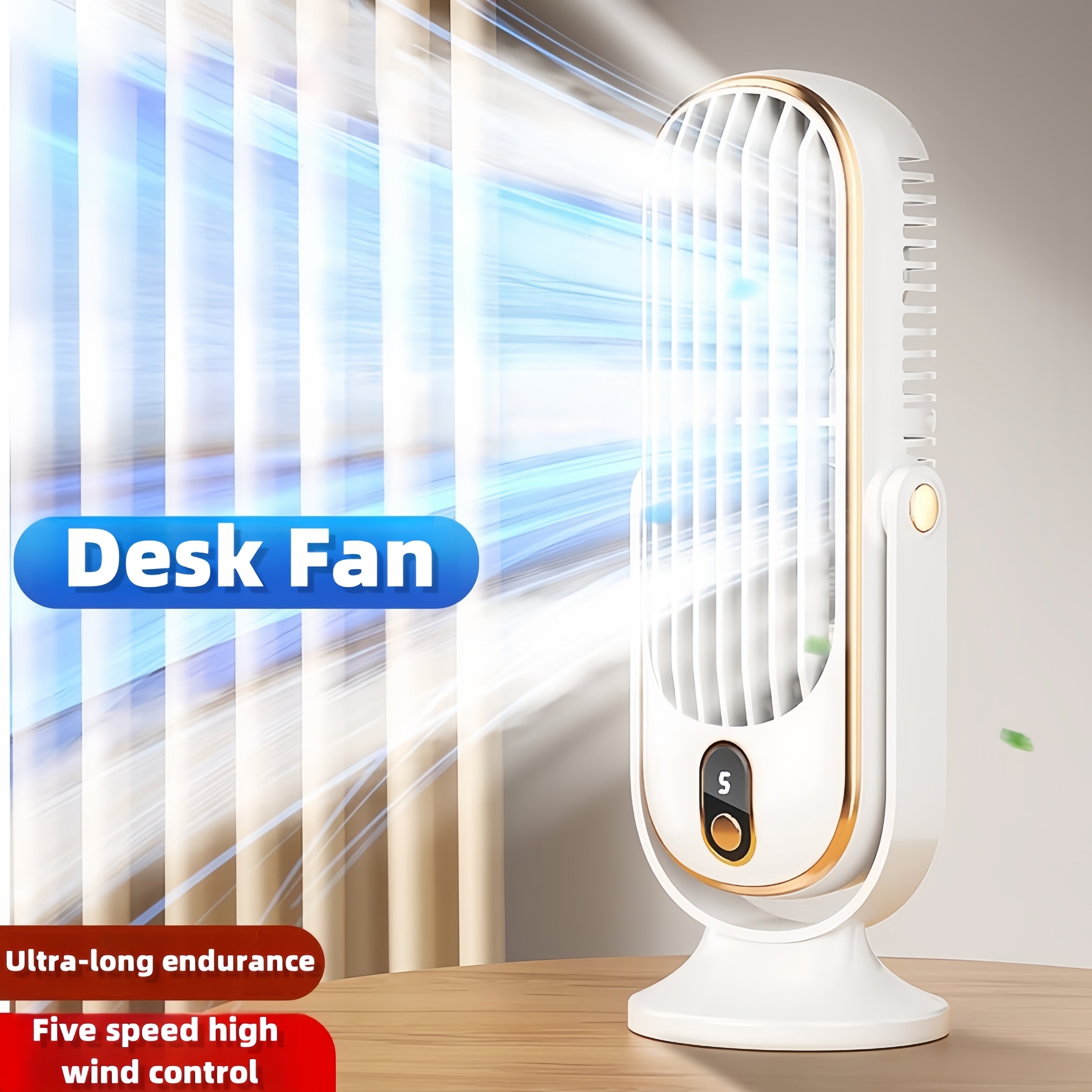 Compact USB rechargeable desk fan with dual blades 5-speed control for office bedroom use