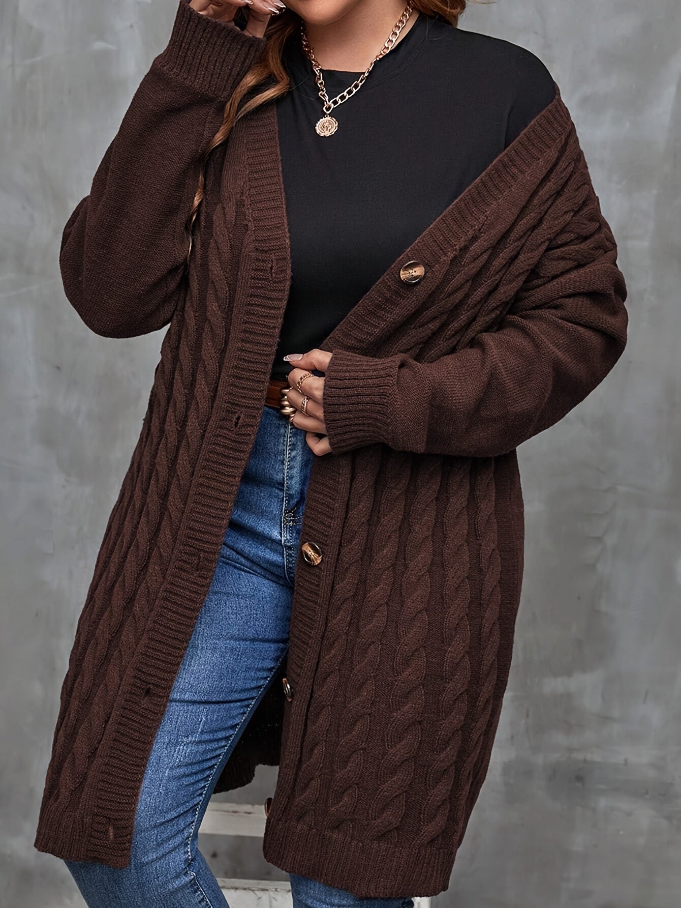 Plus Size Elegant Knit Polyester Cardigan for Fall Winter