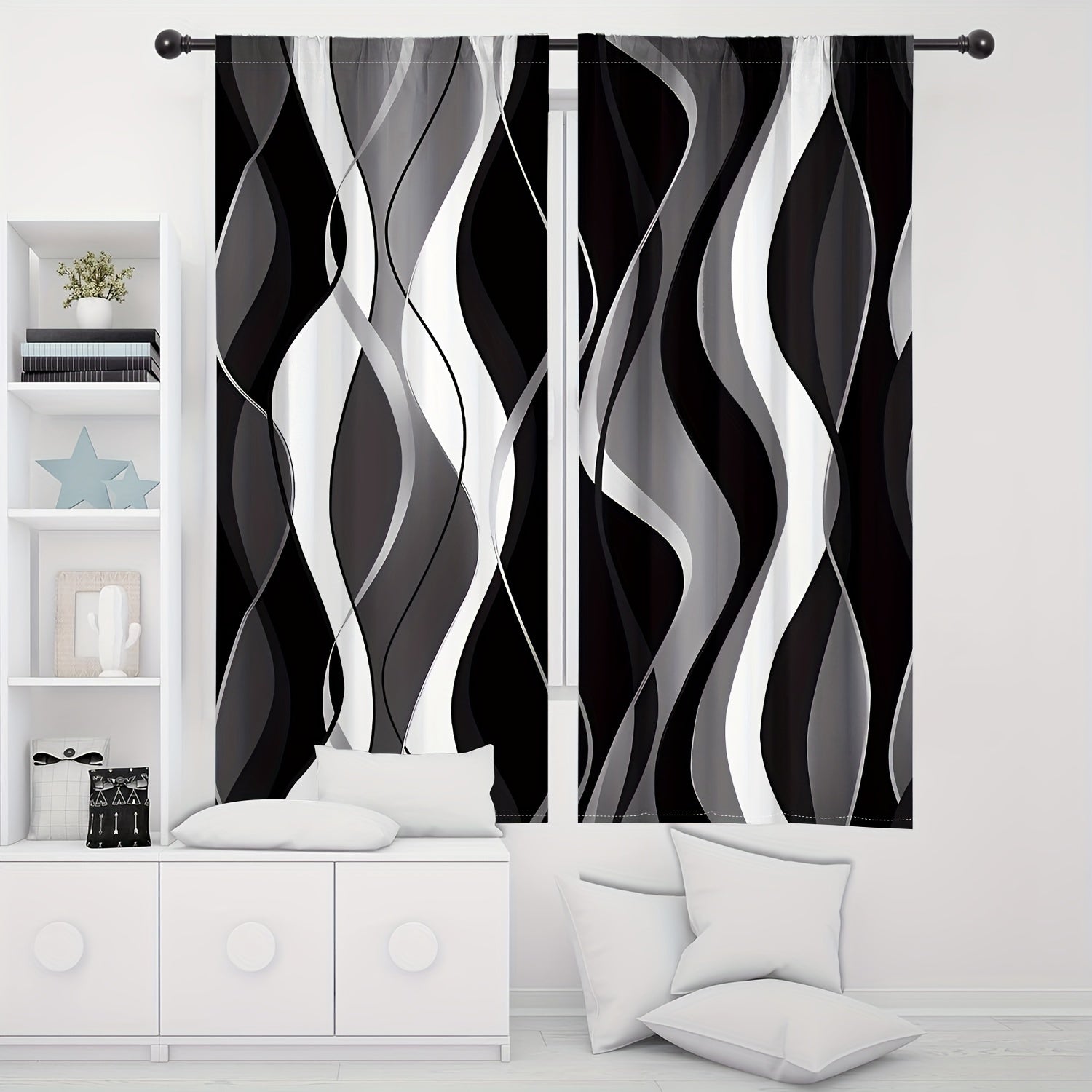 Modern Abstract Geometric Curtain Set Black White 2 Pieces Privacy Drapes
