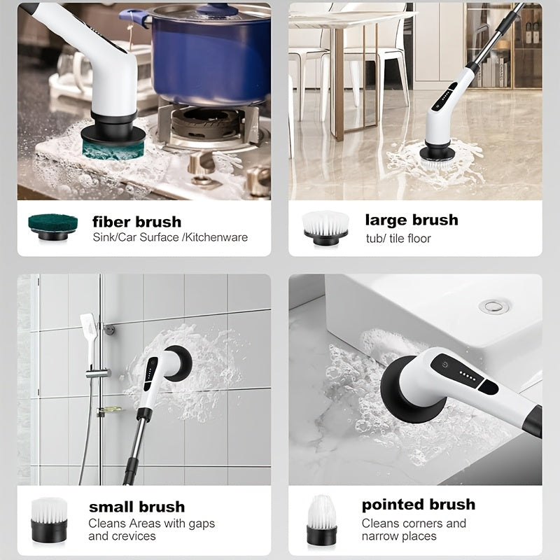 Kengaytiriladigan tutqichga ega elektr tozalash cho'tkasi va 9 ta almashtiriladigan cho'tka boshliqlari, 1500mAh litiy batareya, USB zaryadlash, ≤36V ishlash voltaji.