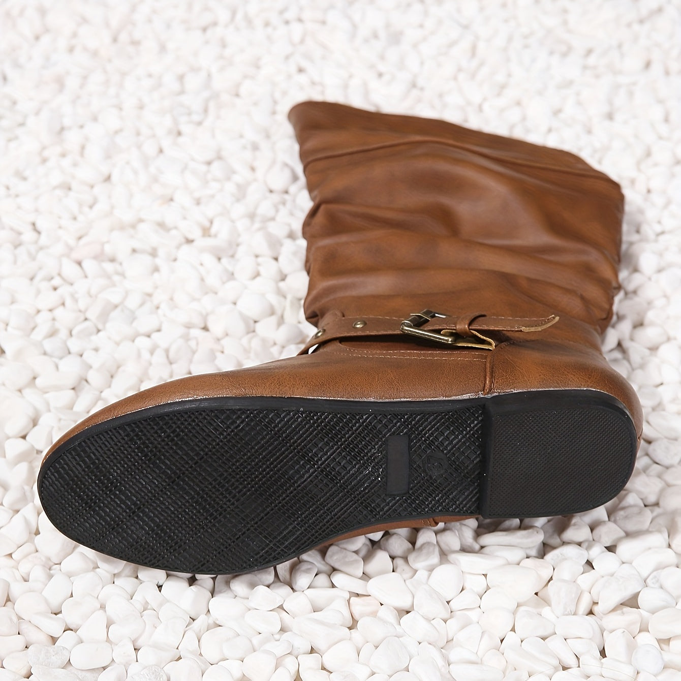 Women's Pleated Leather Knee High Western Boots with Buckle Strap