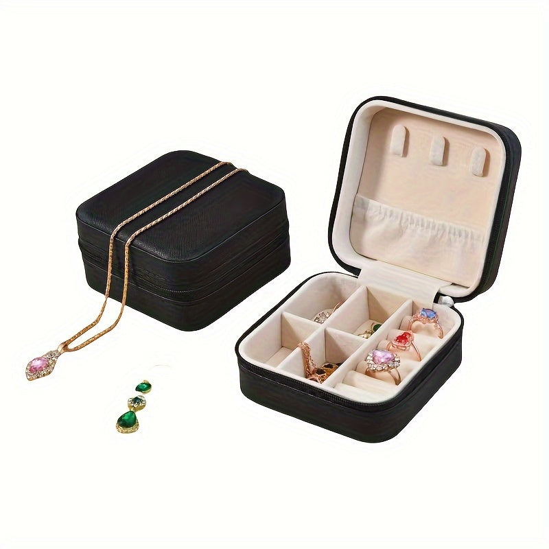 Faux Leather Jewelry Organizer Box for Travel with Compartments and Snap Closure
