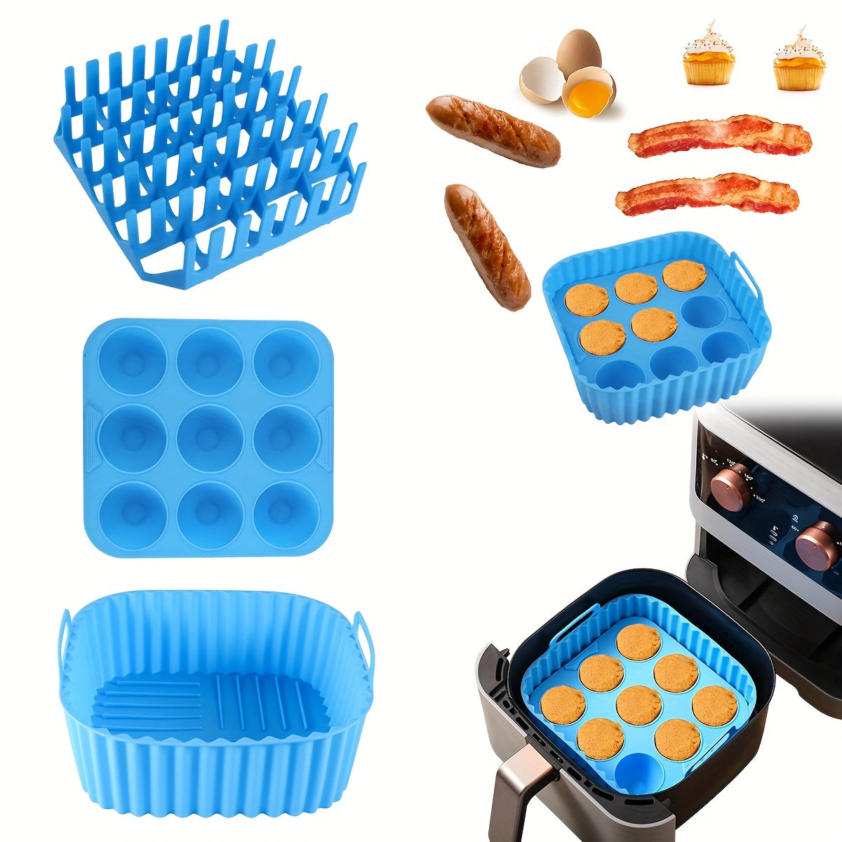 Square Air Fryer Silicone Set with Bacon Rack Cake Mold and Pan for 7QT+