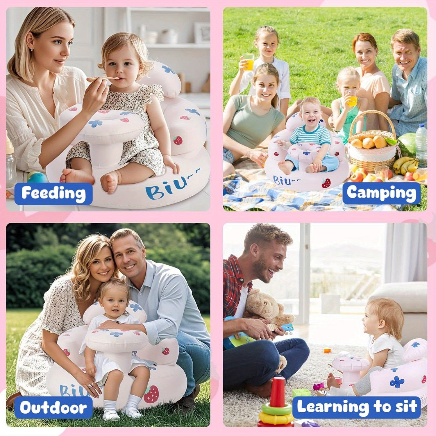 Bolalar uchun portativ oq PVC shishiriladigan stul, hammom, baland stul, lager va ochiq havoda faoliyatlar uchun mos, "BABU" dizayni bilan. Tozalash oson va rang-barang.