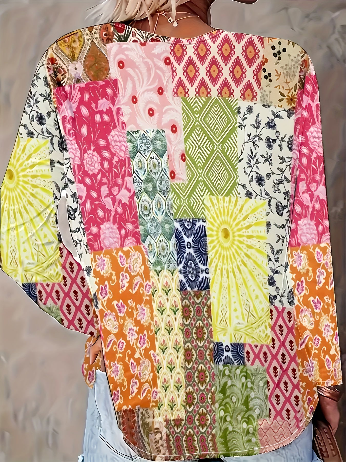 Women's V-Neck Long Sleeve T-Shirt Color Block Plus Size Casual Top