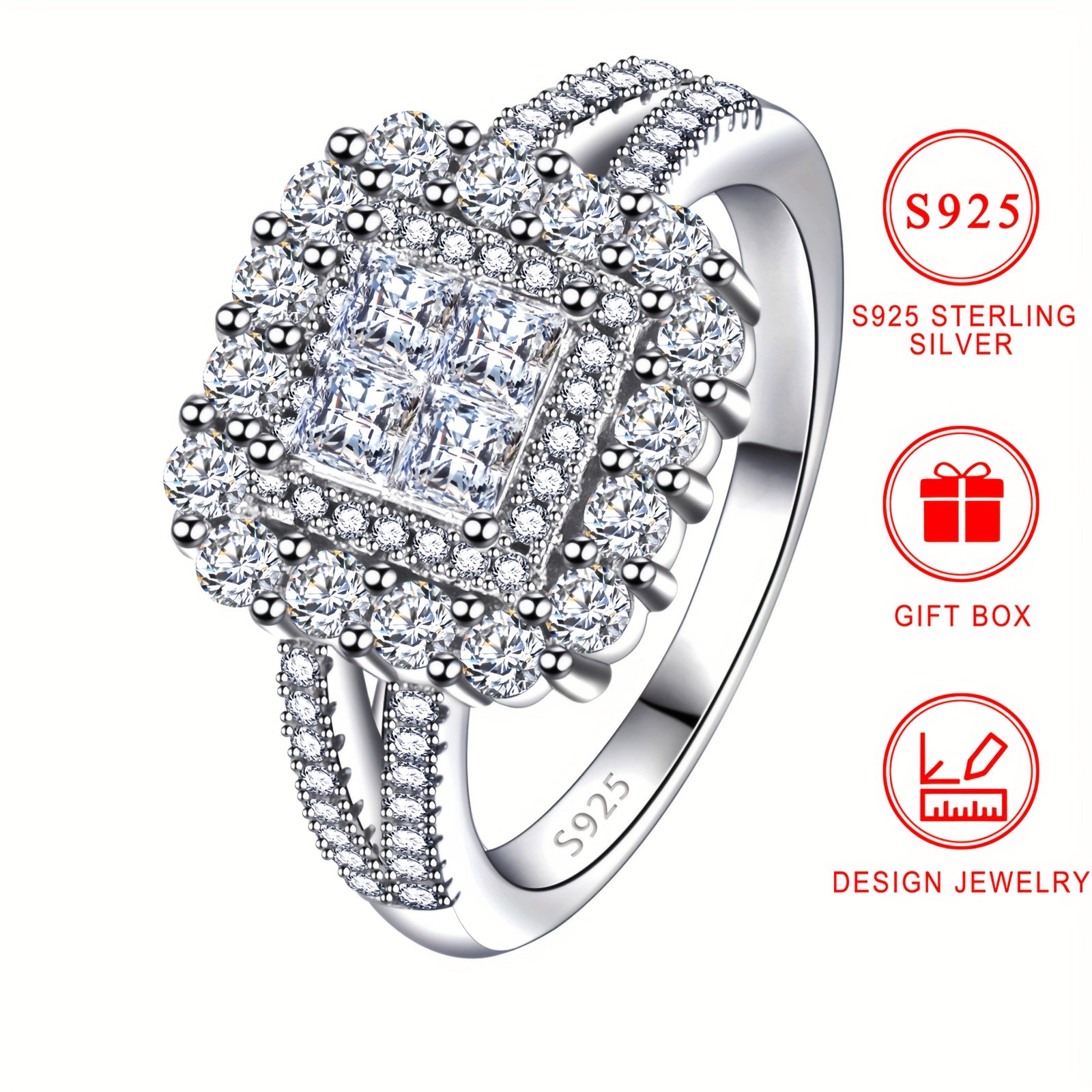Sterling Silver Square Synthetic Zirconia Ring for Women Engagement Wedding Daily Wear