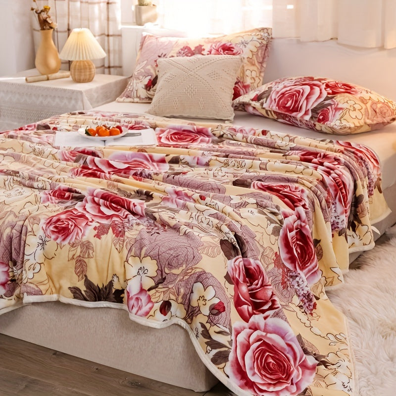 Manta de franela con estampado floral, cálida y suave para hogar, oficina, camping y viajes, 1 pieza