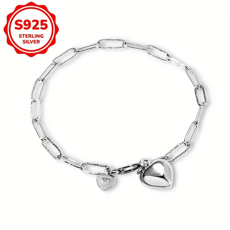 Silver Heart Pendant Rectangular Safety Pin Chain Bracelet for Women