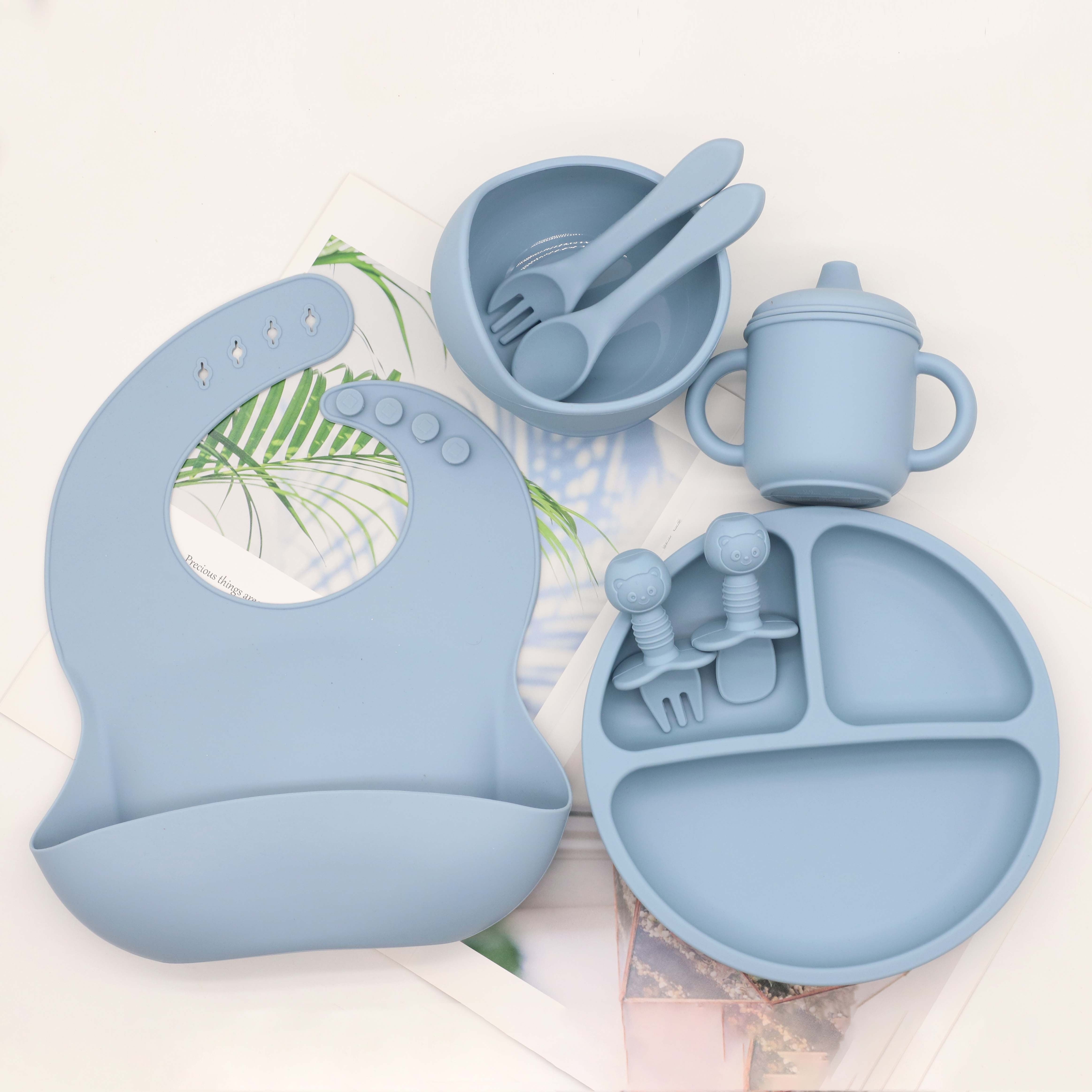 Set of 8 Food Grade Silicone Baby Tableware Including Bib Plate Bowl Cup Spoon Fork Gift