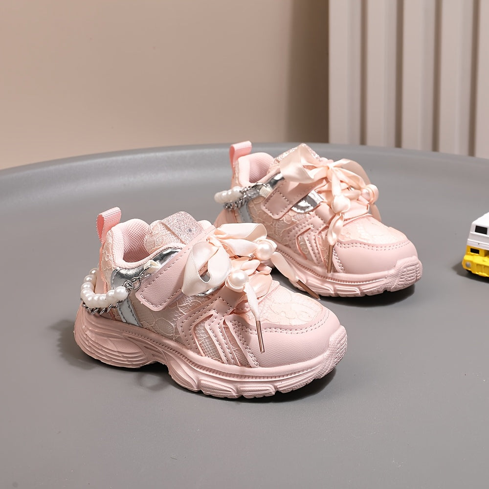 Toddler Girls Sneakers with Pearl Chain Casual Lace-Up Breathable Fabric EVA Sole Beaded Design for Spring Fall