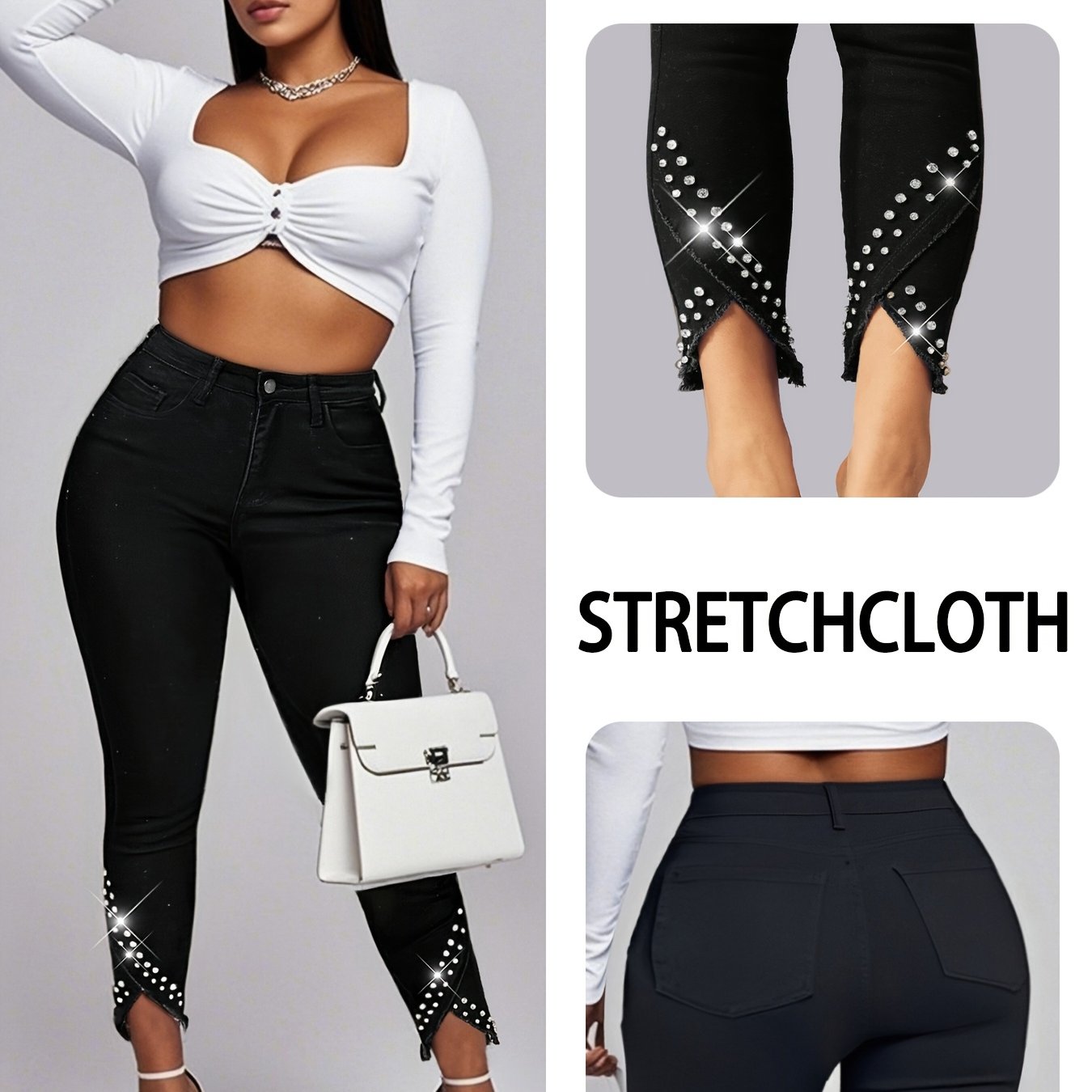 Pantalones de mujer de talla grande con dobladillo de diamantes y nueve décimas, casuales y ajustados