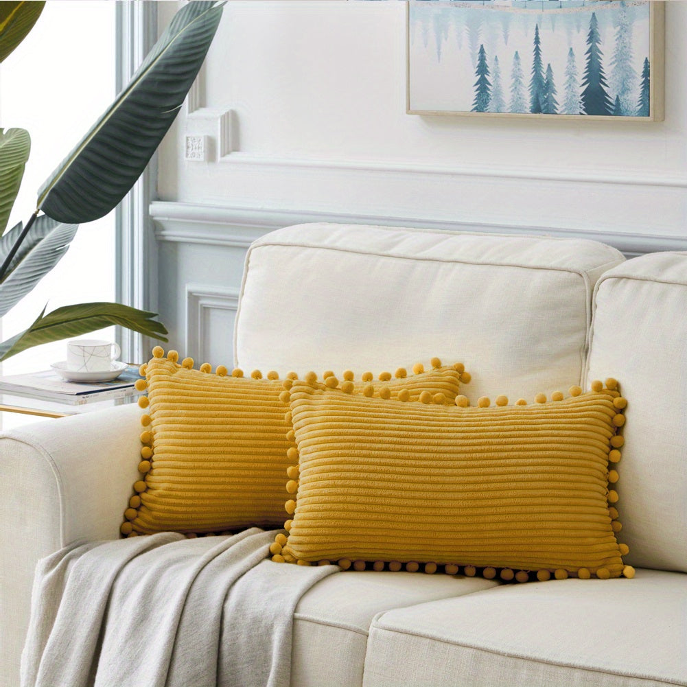 Набор из 2-х бохо наволочек для подушек с помпонами и акцентом из вельвета. Сплошные квадратные подушки для различных пространств. (18x18 дюймов/45x45 см). ВКЛЮЧЕНИЯ НЕ ВХОДЯТ.