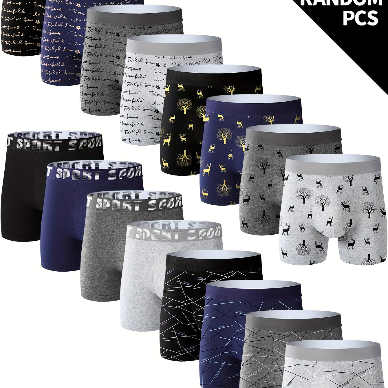 Set of 10 Men's Boxer Briefs Geometric Letter Deer Print Breathable Quick-Drying Stretchy