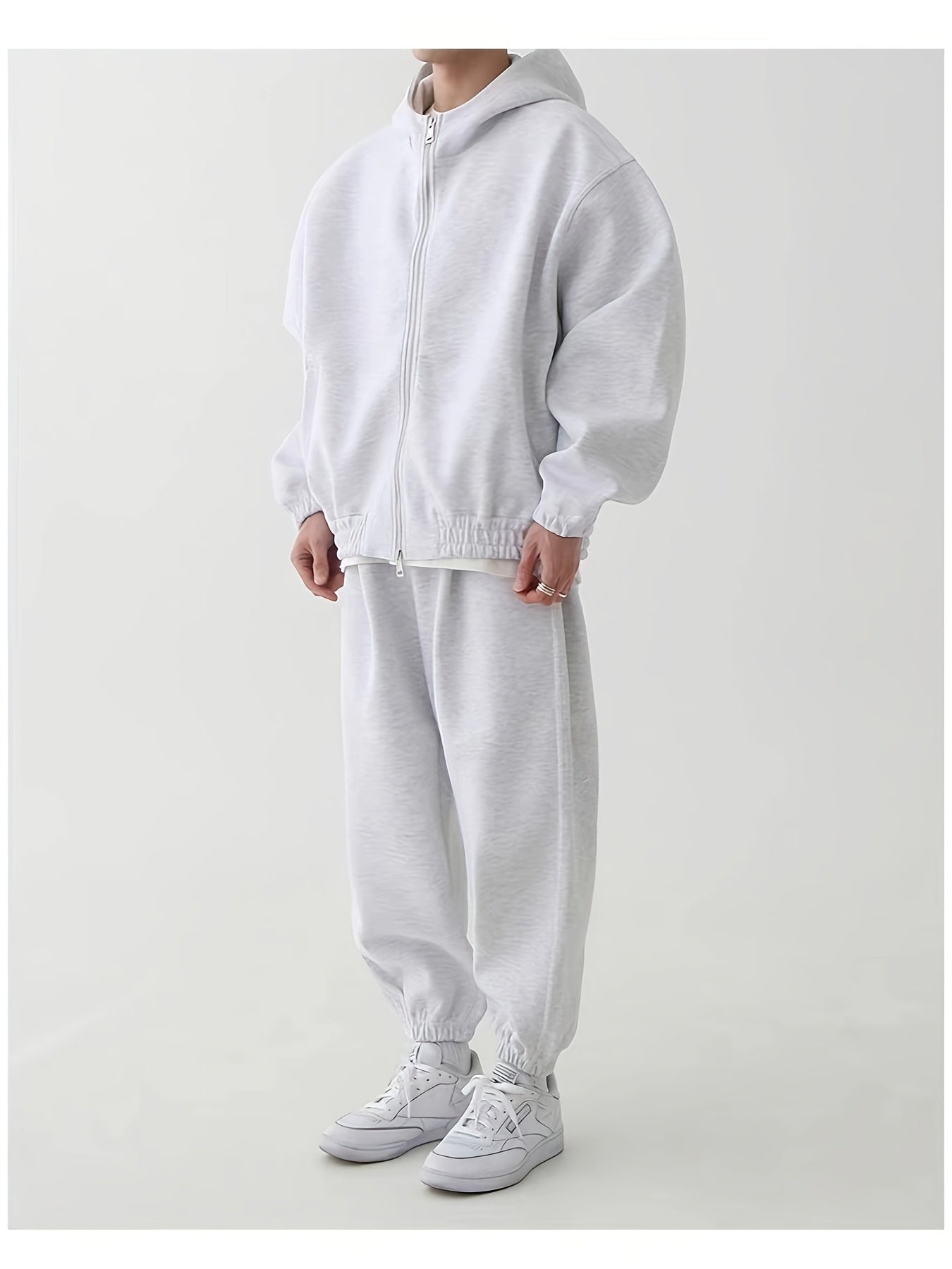 Men's Polyester Knit Hooded Sweatshirt and Pants Set Solid Color Loose Fit All-Season Loungewear