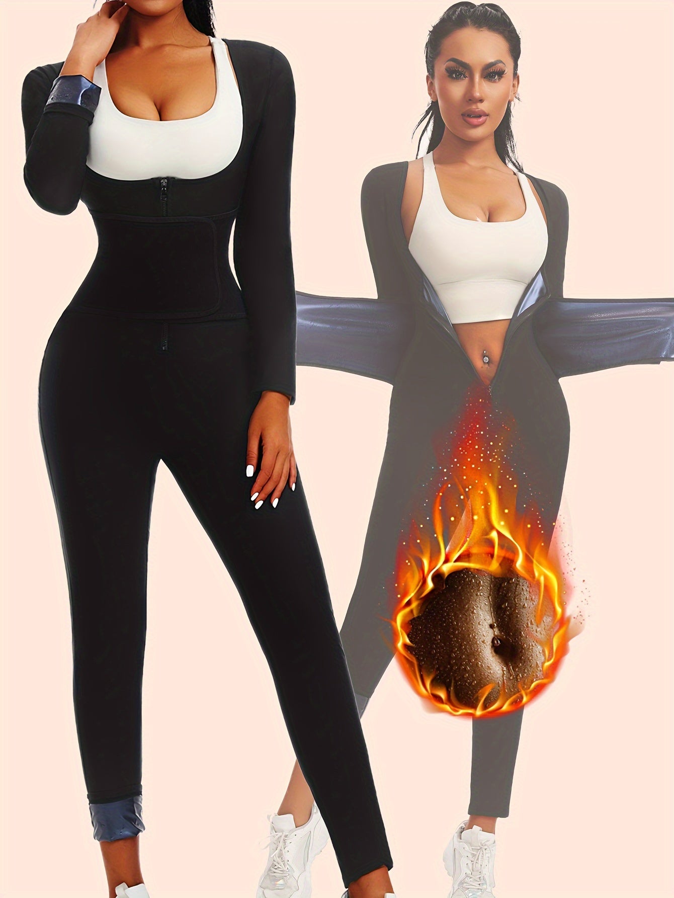 Women's Black Long Sleeve Sauna Suit Jumpsuit Tummy Control Waist Trainer Slimming Body Shaper for Fitness and Running