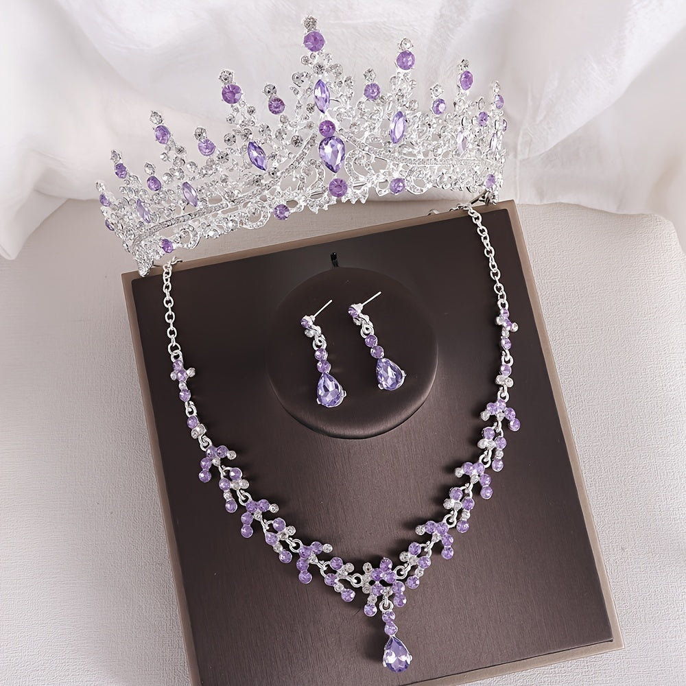 Vintage Baroque Rhinestone Crown Necklace and Earrings Set for Bridal and Wedding