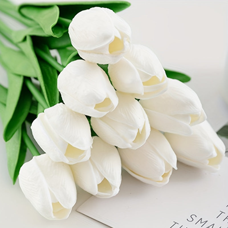 Artificial White Tulip Flowers with Green Leaves for Weddings Home Decor Set of 10