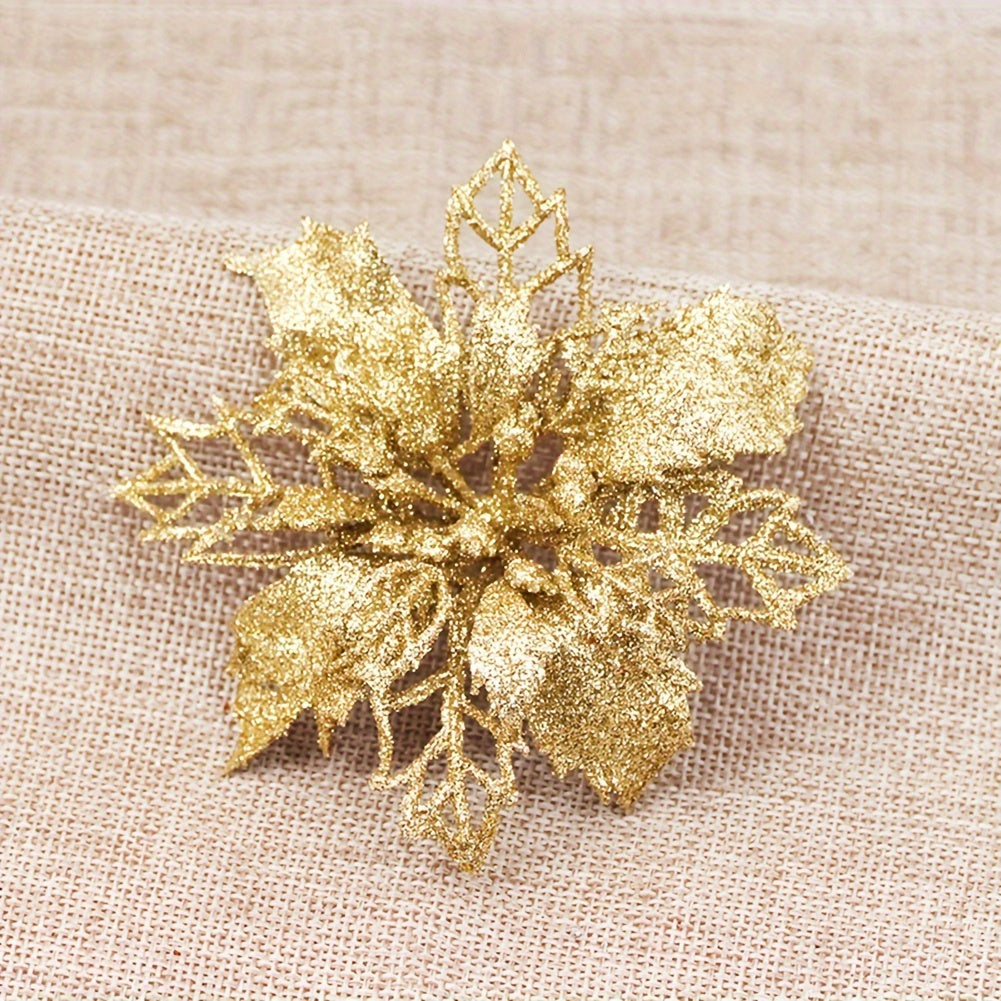 Artificial Christmas Flowers Set 10 Pieces 9cm Glitter Tree Ornaments for Holiday Decor