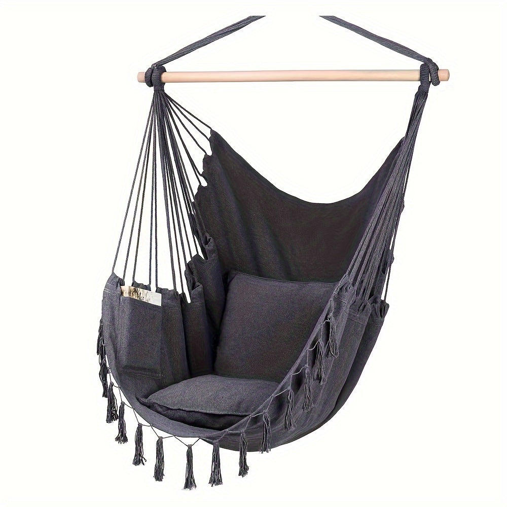 White Canvas Hammock with Tassels and Cushions for Indoor Outdoor Use Supports Up to 226.8 KG