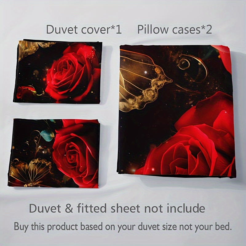 3-Piece Romantic Rose Butterfly 3D Duvet Cover Set with 2 Pillowcases Soft Breathable Polyester Bedding for Home Dorm Decor