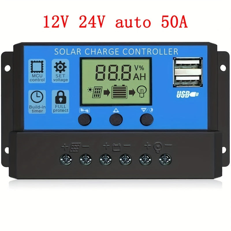Controlador de carga solar de alta potencia con pantalla LCD, puertos USB y temporizador automático para sistemas de 12V y 24V