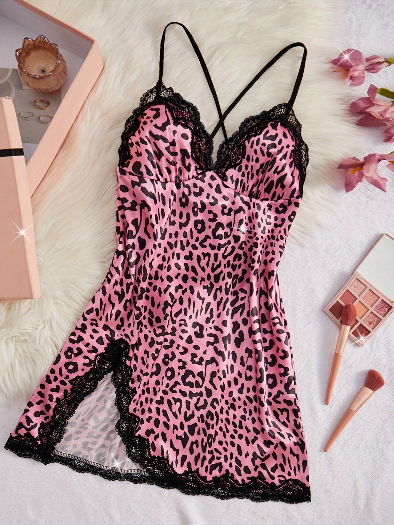 Leopard Print Satin Nightgown for Women with Lace Trim V-Neck Side Split Sleeveless