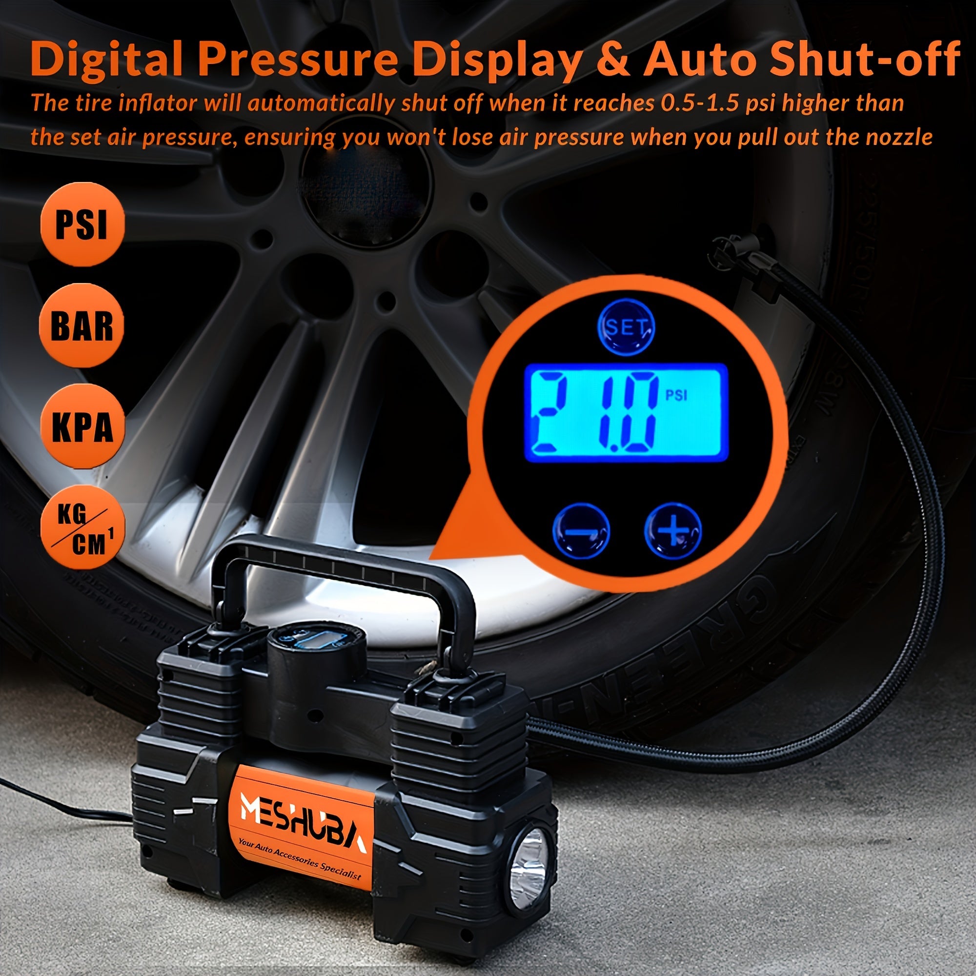 Portable MESHUBA shinalarni inflatsiya qiluvchi: 12V havo kompressori, 150PSI nasos va raqamli o'lchov bilan avtomobillar, velosipedlar va boshqalar uchun, to'q sariq rangda.