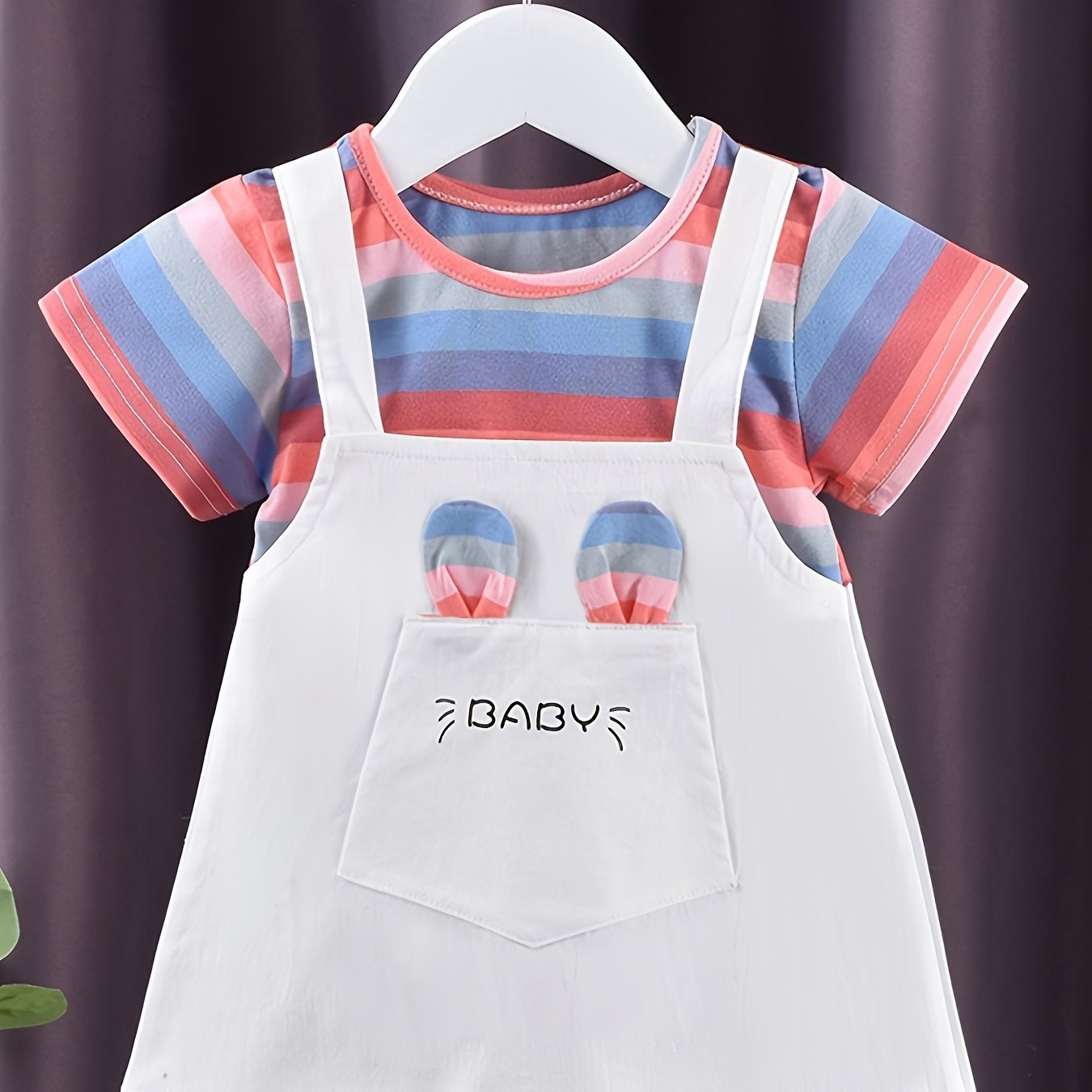 Baby Girl Summer Cotton Dress with Striped Short Sleeves Faux Two-Piece Knit Fabric Regular Fit