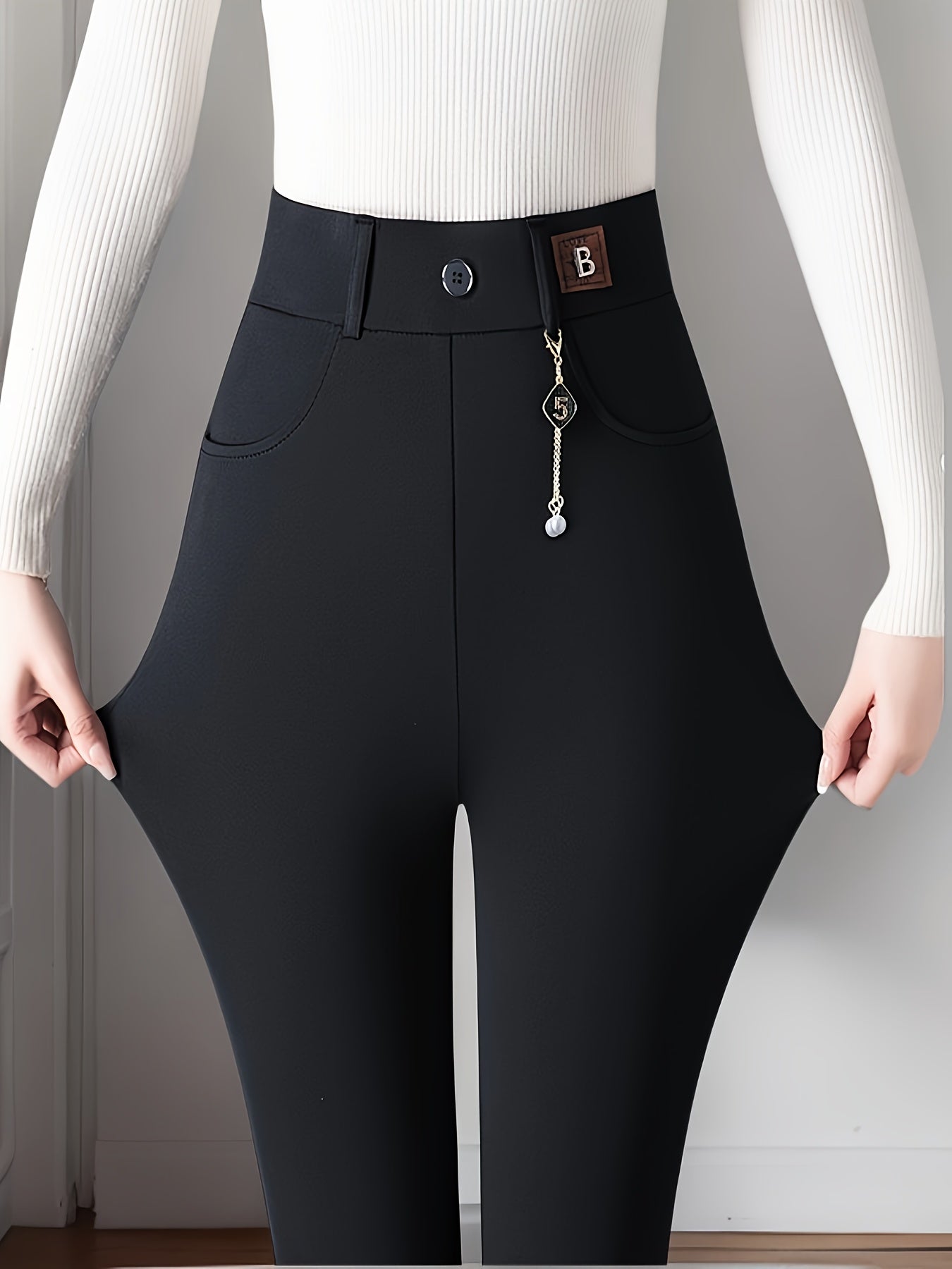 Women's Slim Fit High Waist Pants Polyester Solid Color Skinny Trousers