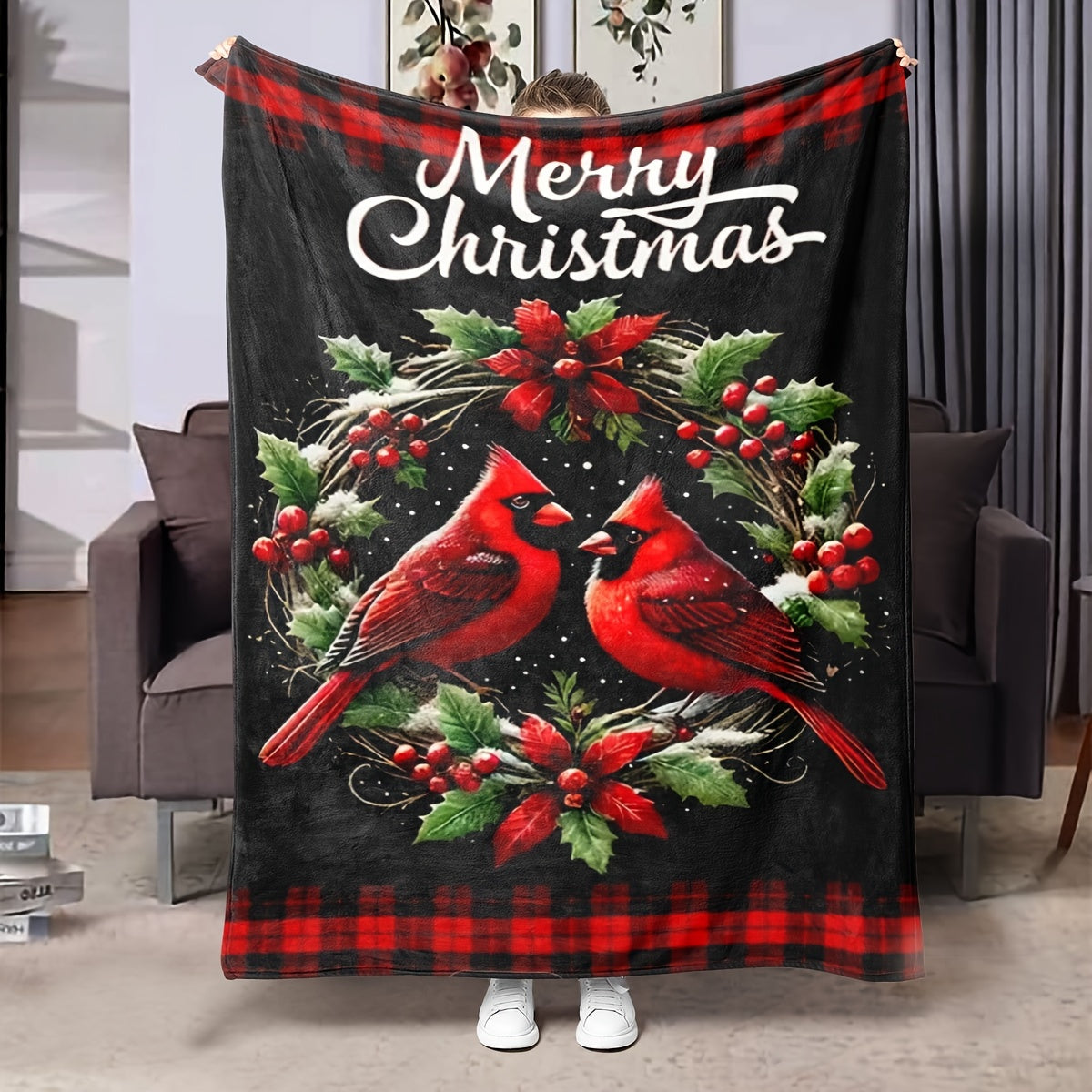 Reversible Polyester Throw Blanket with Cardinal Birds Print Multi-Color Woven Fabric All-Season Use