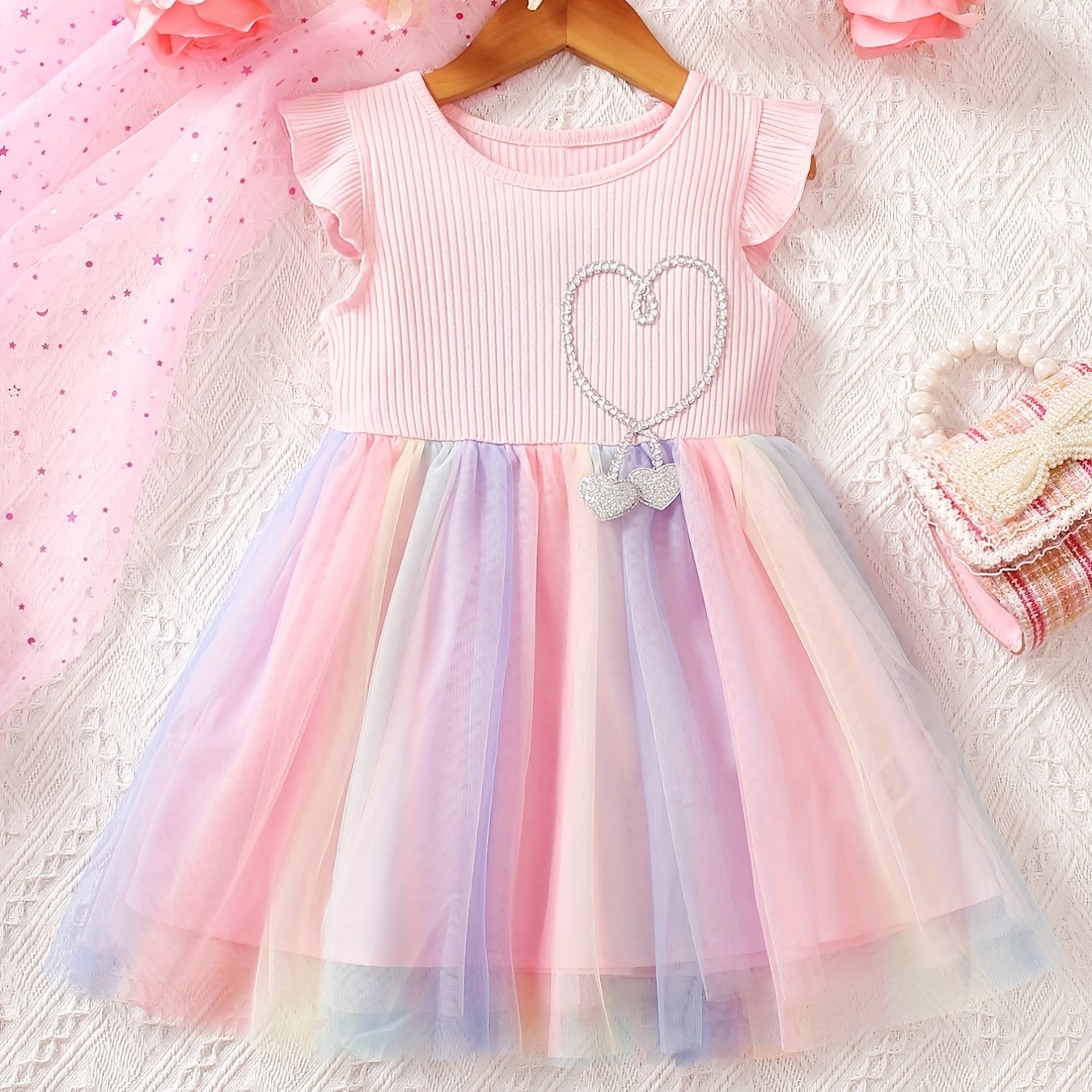 Children's Rainbow Tutu Princess Dress with Rhinestone Decor and Flying Sleeves for Summer
