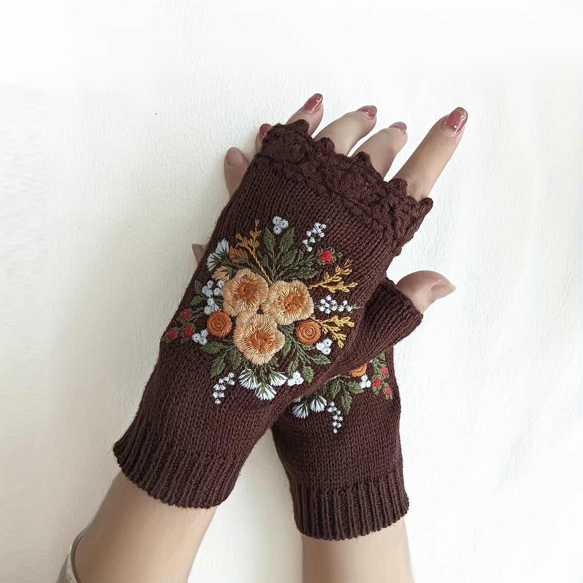 Women's Touchscreen Gloves with Retro Floral Knitted Embroidery and Hook Edge Detail