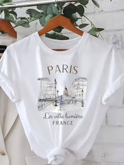 Women’s Polyester Blend Paris Print T-Shirt Short Sleeve Casual Top