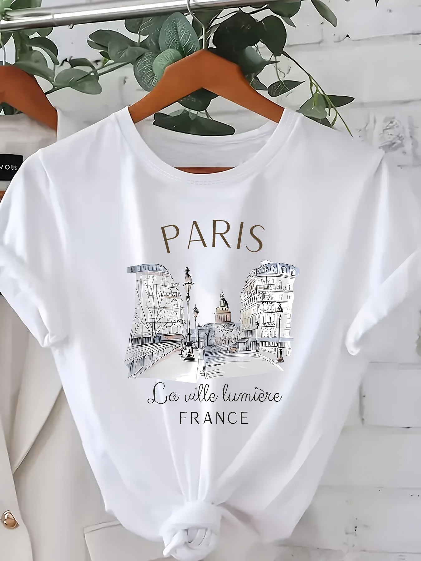 Women’s Polyester Blend Paris Print T-Shirt Short Sleeve Casual Top