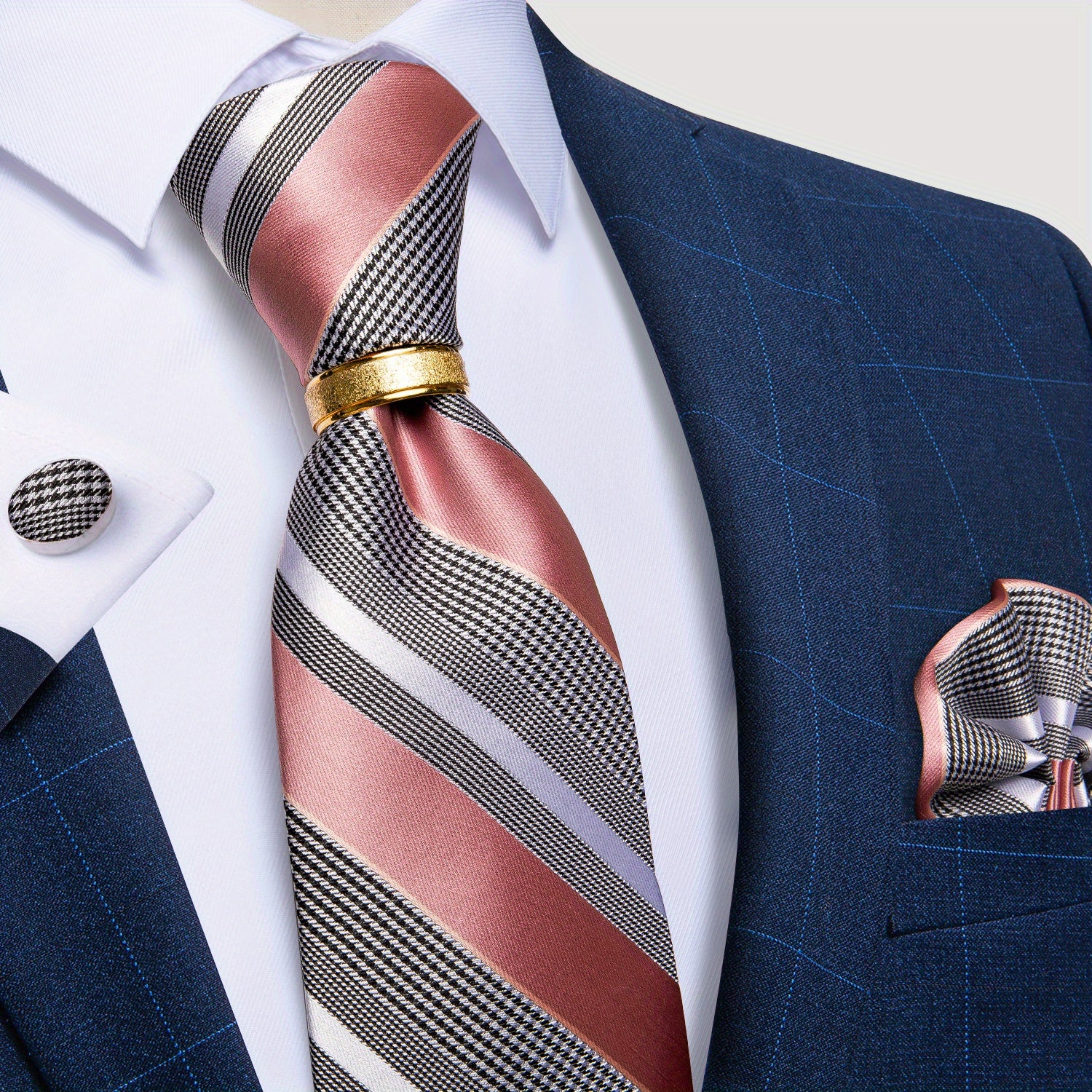 Men's Classic Striped Tie Set with Handkerchief Cufflinks and Ring for Business Formal Weddings