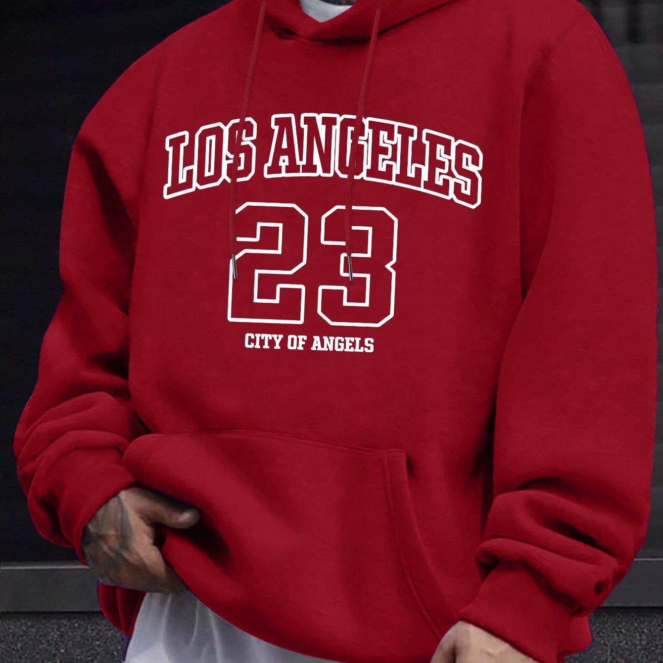 Men's Navy Blue Geometric Pattern Hoodie with Drawstring Hood and Kangaroo Pocket