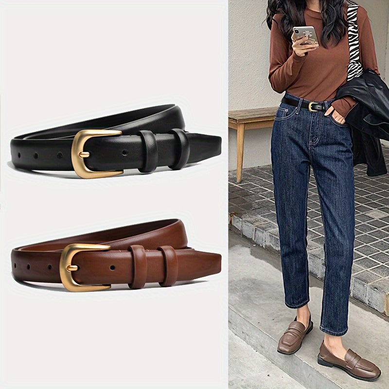Women's Korean Style PU Leather Straight Jeans with Multi-Hole Belt