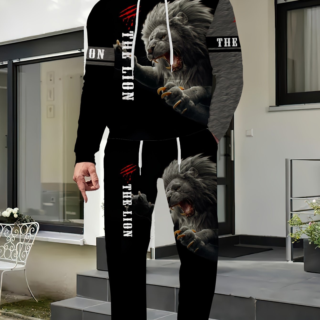 Men's Hoodie and Sweatpants Set with Lion Graphic Polyester Casual Spring Fall